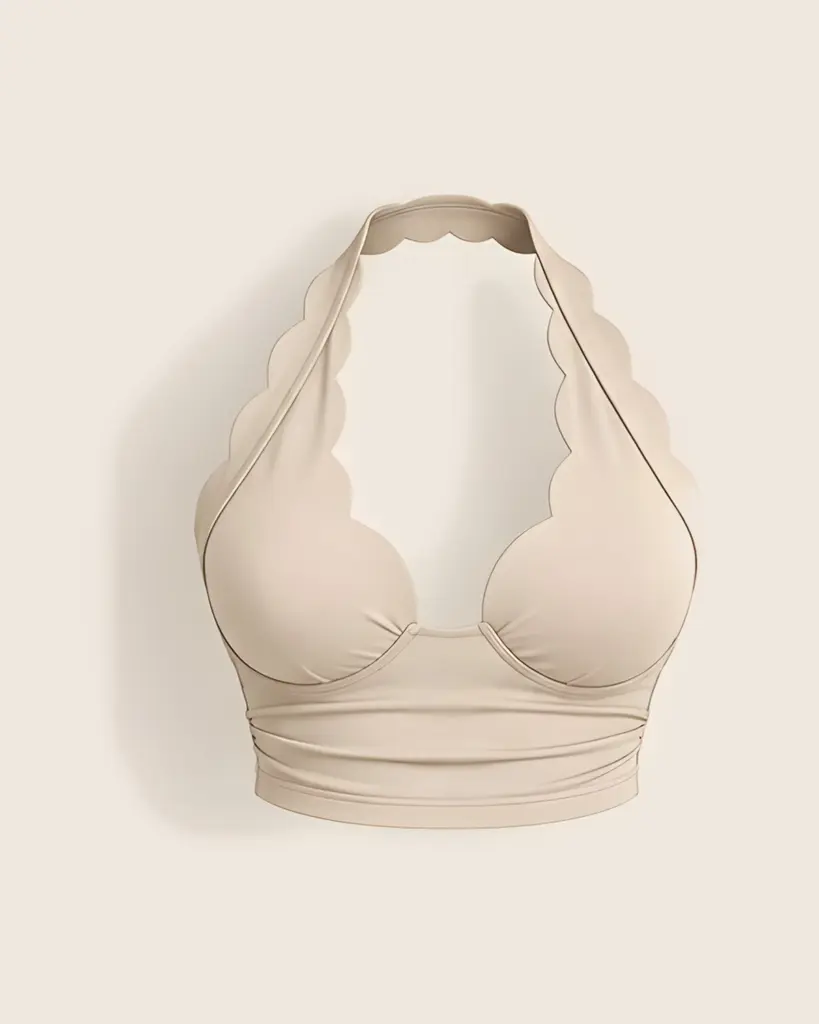 Krem halter yakalı, fisto kenarlı crop üst, önden