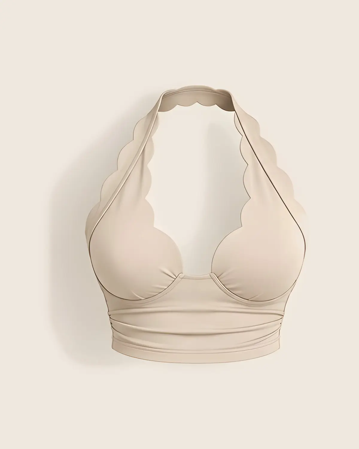 Krem halter yakalı, fisto kenarlı crop üst, önden