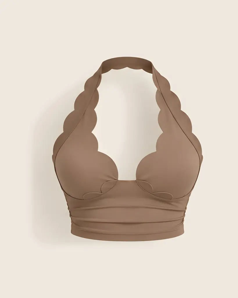 Latte halter yakalı, fisto kenarlı crop üst, önden