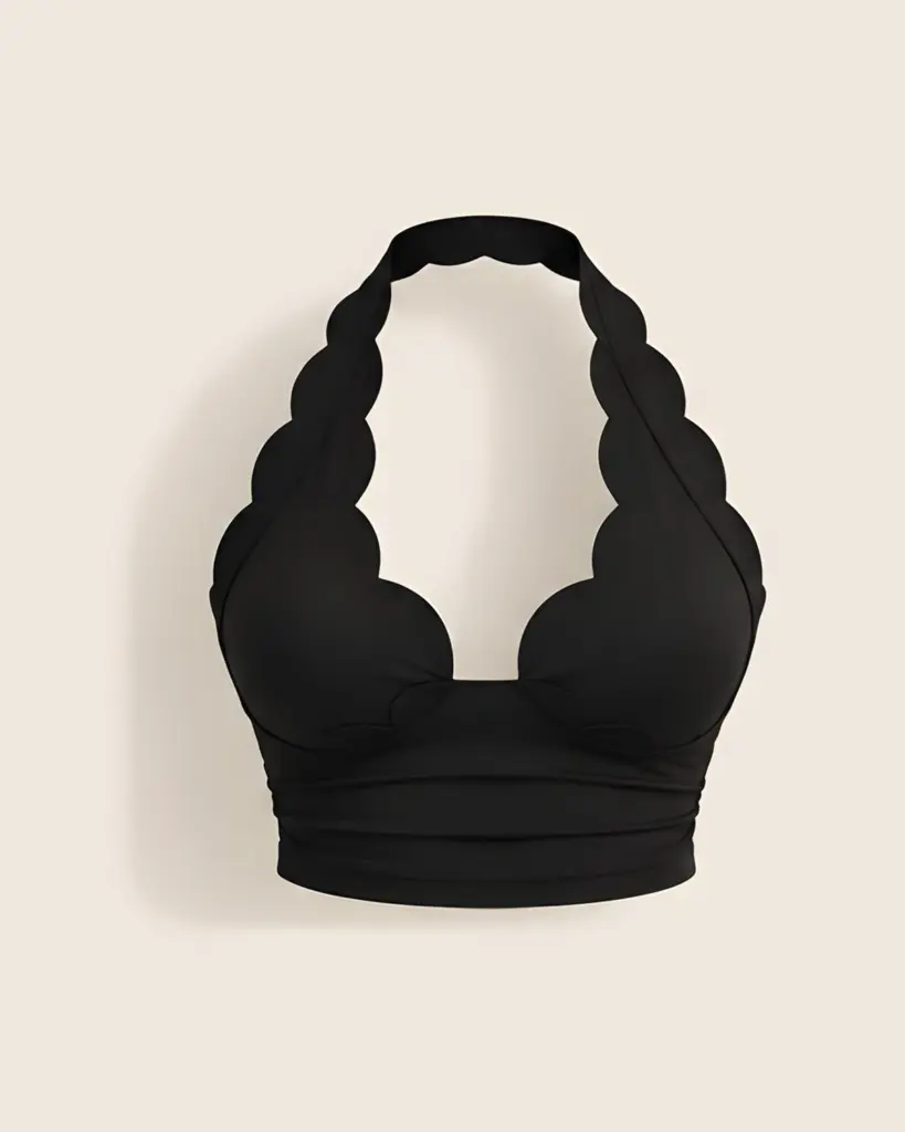 Siyah halter yakalı, fisto kenarlı crop üst, önden