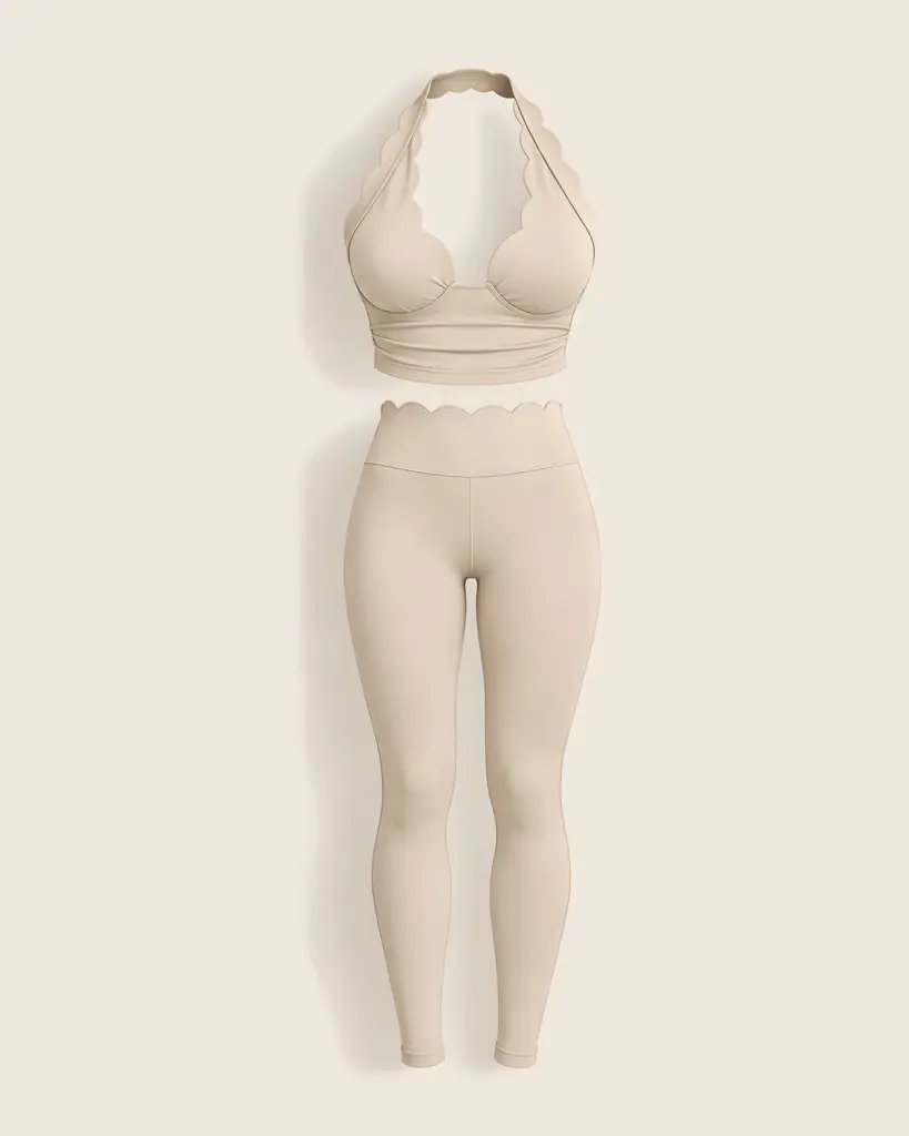 Krem fisto kenarlı halter crop üst ve yüksek bel tayt takımı, önden