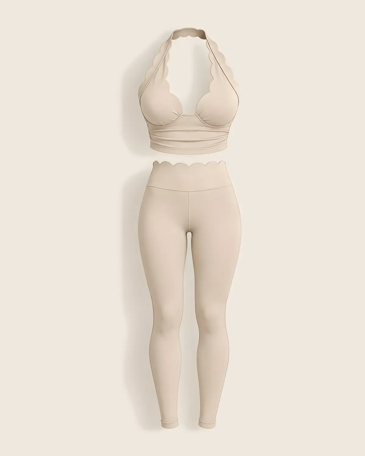 Krem fisto kenarlı halter crop üst ve yüksek bel tayt takımı, önden