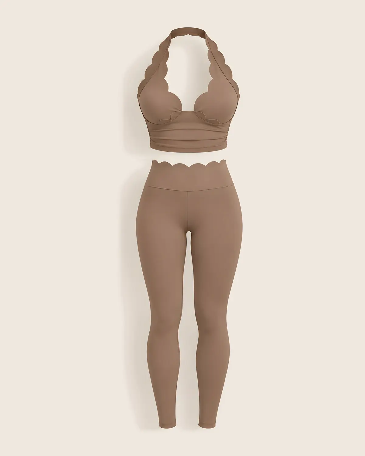 Latte fisto kenarlı halter crop üst ve yüksek bel tayt takımı, önden